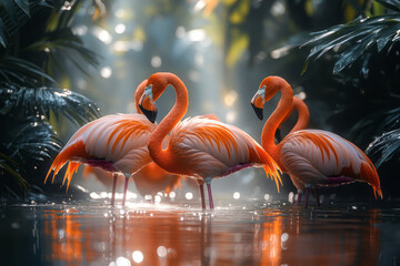 Poster - A flock of flamingos wading through a shallow lagoon, their pink feathers glowing,
