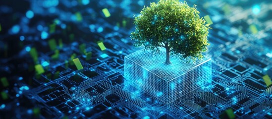 Poster - Tree Emerging from Digital Cube Representing Technology Convergence Background Features Blue Light and Wireframe Network Concepts of Green Computing Sustainable Technology and Ethical IT Practices