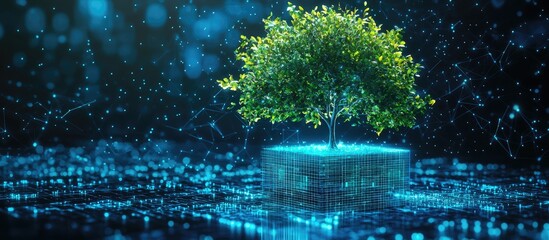 Poster - Tree Emerging from Digital Cube Representing Technology Convergence Background Features Blue Light and Wireframe Network Concepts of Green Computing Sustainable Technology and Ethical IT Practices