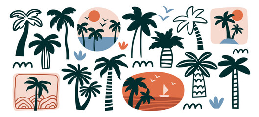 Sticker - Different coconut palm trees jungle forest vegetation isolated set in colored doodle line style