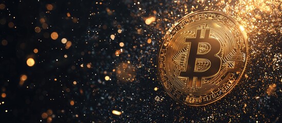 Poster - Vibrant golden Bitcoin contrasts with a dynamic black tech background featuring shimmering effects