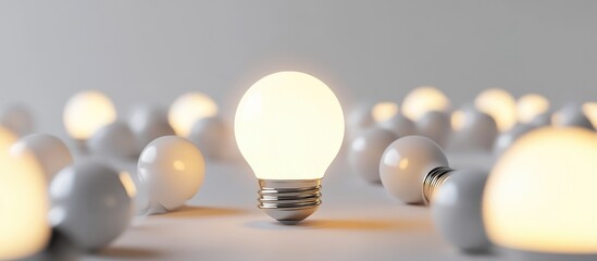 Poster - Illuminated 3D light bulb surrounded by unlit bulbs on a white background