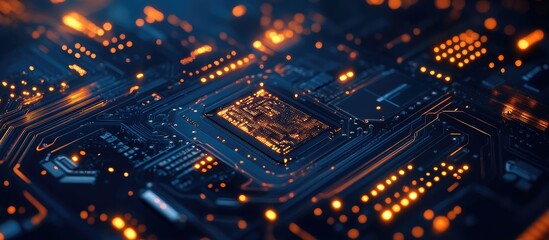Poster - Futuristic AI Computing Chipset on Circuit Board with Abstract Technology Design Against Dark Blue Background