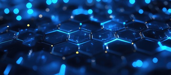 Poster - Glowing blue hexagonal pattern on a dark background representing modern technology 3D rendering
