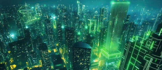 Poster - Futuristic Digital Cityscape Illustrating IoT Connectivity with Neon Green Urban Networks 3D Rendering