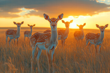 Poster - A herd of antelope grazing peacefully, with the sun setting in the background,