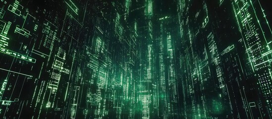 Fototapete - Futuristic digital matrix display featuring encrypted data telemetry ideal for high tech computer desktop backgrounds