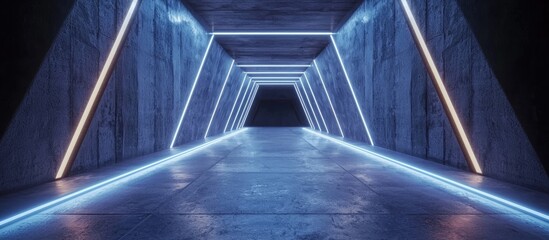 Poster - Futuristic Abstract Sci Fi Corridor with Illuminated Empty Space for Product Displays Modern Cement Floor and Wall Interior Concept 3D Render