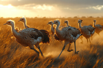 Poster - A group of ostriches racing across the savannah, their long legs moving gracefully,