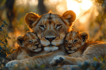 Poster - A pride of lions resting together, with cubs snuggling up to the adults, feeling safe and content,