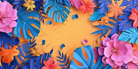 Canvas Print - Paper flowers and leaves on an orange background.