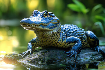 Aufkleber - A content alligator basking in the sun on a log, surrounded by the lush greenery of the swamp,