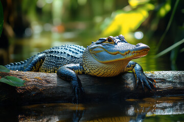 Poster - A content alligator basking in the sun on a log, surrounded by the lush greenery of the swamp,