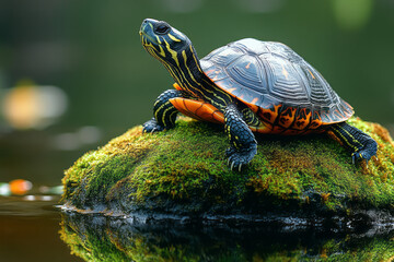 Poster - A turtle basking on a rock with moss, feeling the warmth of the sun,