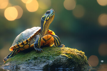 Poster - A turtle basking on a rock with moss, feeling the warmth of the sun,