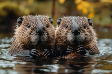 Poster - A pair of beavers building a dam, working together and feeling accomplished,