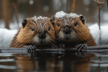 Poster - A pair of beavers building a dam, working together and feeling accomplished,