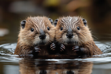 Poster - A pair of beavers building a dam, working together and feeling accomplished,