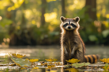Poster - A playful raccoon exploring the edges of the swamp, its fur glistening in the sunlight,