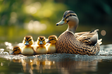 Poster - A family of ducks paddling through the reeds, with ducklings following closely behind,