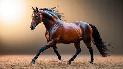 Beautiful bay stallion trotting in the sand on a brown background