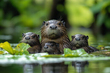 Poster - A family of nutria feeding on aquatic plants, enjoying the abundance of the swamp,