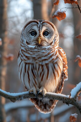 Poster - A barred owl perched silently on a branch, observing the swamp below,