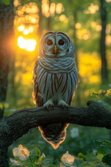 Poster - A barred owl perched silently on a branch, observing the swamp below,