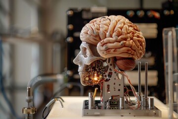 Poster - Robotic head is showing a model human brain, illustrating artificial intelligence