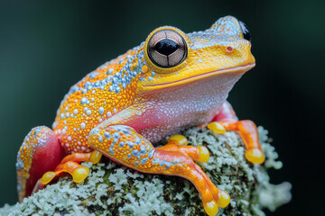 Poster - A colorful tree frog clinging to a cypress knee, its skin blending with the surroundings,