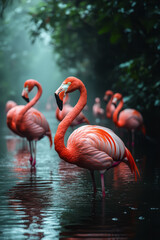Poster - A group of flamingos wading through the shallow water, their pink feathers vibrant against the green,