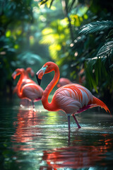 Poster - A group of flamingos wading through the shallow water, their pink feathers vibrant against the green,