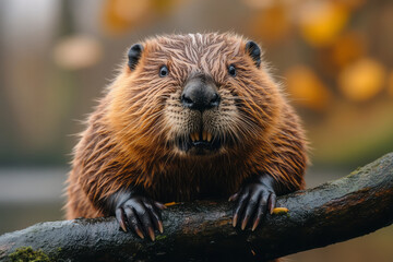 Poster - A beaver gnawing on a tree branch, its teeth strong and sharp,
