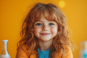 A delighted child with a science model against a vibrant yellow background, highlighting their curiosity,