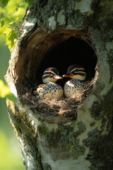 Poster - A pair of wood ducks nesting in a tree hollow, feeling safe and content,