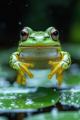 Poster - A lively bullfrog leaping from one lily pad to another, enjoying the rich swamp habitat,