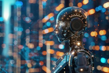 Poster - Futuristic android with glowing lights on a blurred city background is looking ahead