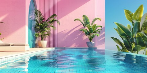 Poster - Pink wall, pool, palm trees, lounge chair.