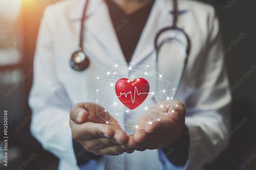 Medicine doctor holding red heart shape in hand with medical icon ...