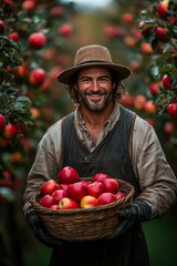 A farmer with a beaming smile holding a basket of freshly picked apples in a picturesque orchard,