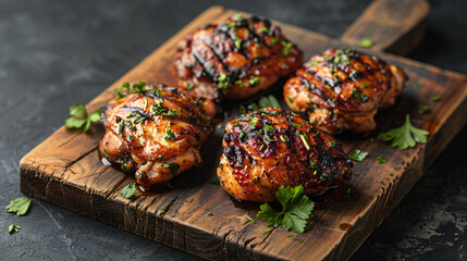 Canvas Print - Delicious grilled chicken thighs with parsley resting on a rustic wooden cutting board