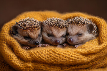 Wall Mural - Four hedgehogs--African Pygmy, European, Long-Eared, and Indian--snuggling together in a soft, warm nest,