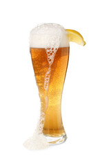 Wall Mural - Glass of fresh light beer with lemon piece on white background