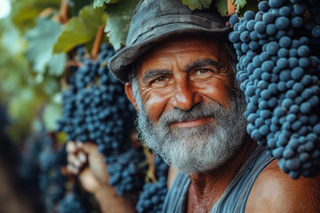 Wall Mural - A smiling farmer pruning grapevines in a lush vineyard, with ripe grapes hanging in clusters,