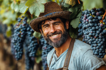 Wall Mural - A smiling farmer pruning grapevines in a lush vineyard, with ripe grapes hanging in clusters,