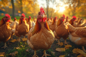 A flock of cheerful chickens pecking at the ground, with bright, vibrant feathers,