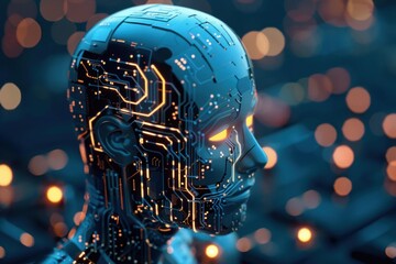 Poster - Ai robot with glowing circuit board details is processing data in a futuristic setting
