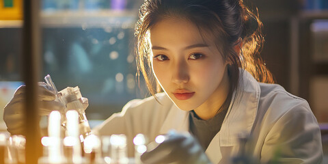 portrait of a young asian female scientist in a lab coat performing an experiment