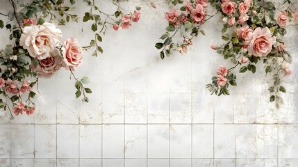 Wall Mural - Delicate Pink and White Flowers on a Cracked White Wall