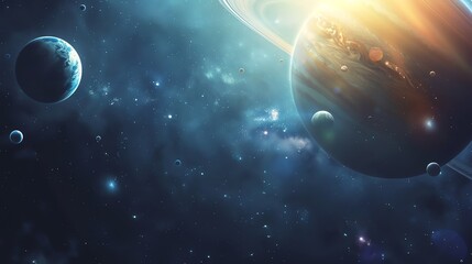 A stunning cosmic scene featuring vibrant planets and glowing stars in the vastness of space, perfect for sci-fi themes.